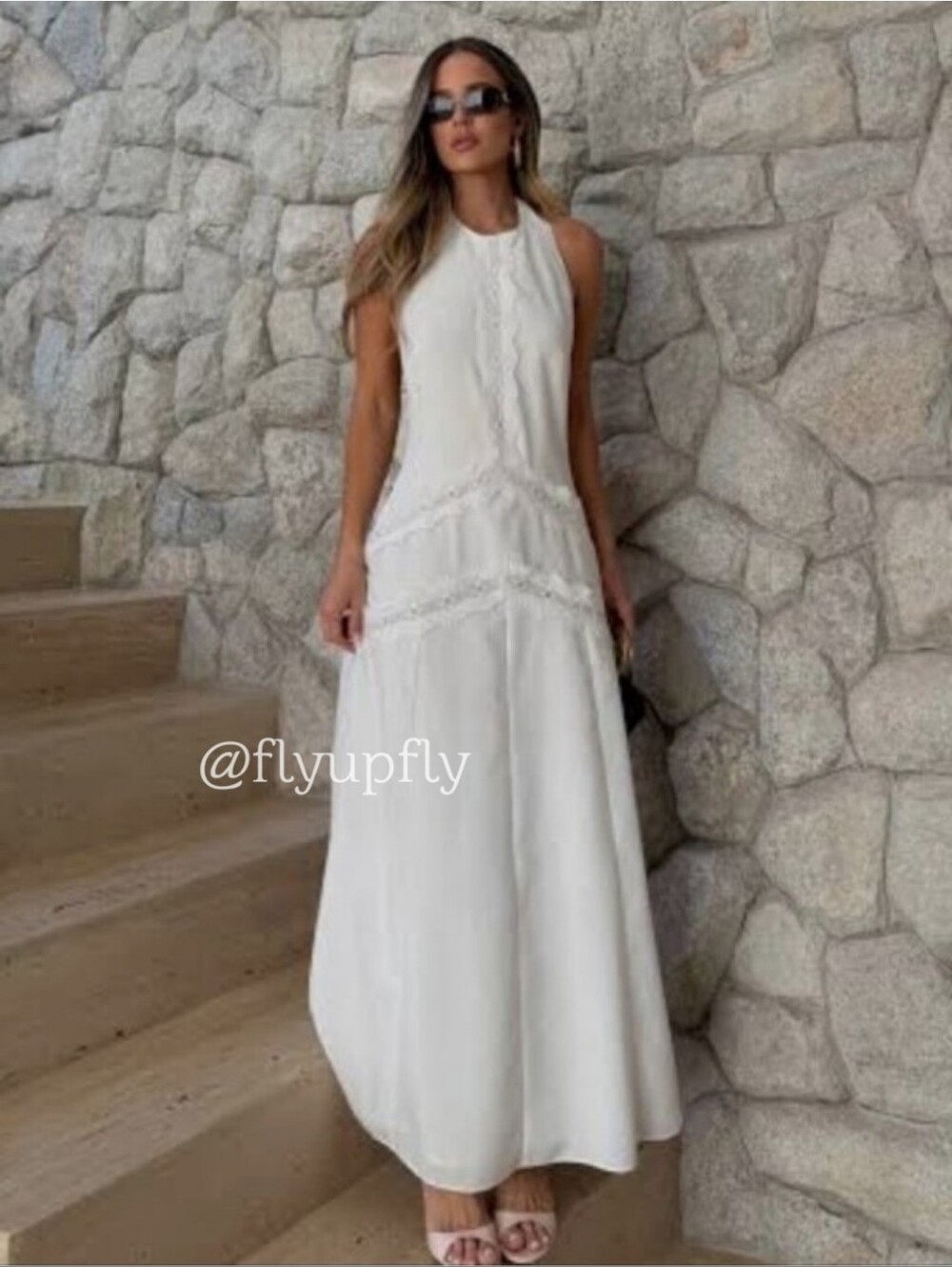 ZARA COMBINATION LINEN BLEND  HALTER  LACE DRESS WHITE SIZE S XL